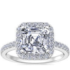 Anillo de compromiso de diamantes halo de talla Asscher en oro blanco de 14 k